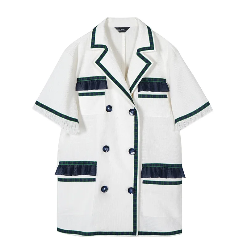 2021 Korean Style Women's Stitching Short Sleeved Shirt Lady Summer Loose Suit Collar Shirt Female Casual Solid Color Blouse 
2021 Korean Style Women's Stitching Short Sleeved Shirt Lady Summer Loose Suit Collar Shirt Female Casual Solid Color Blouse