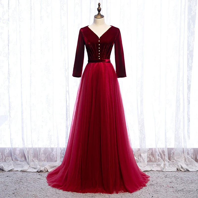 Evening Dress Burgundy Deep V-Neck Three Quarter Sleeves A-line Floor-length Lace Elegant Simple Party Formal Dresses Woman B147
Evening Dress Burgundy Deep V-Neck Three Quarter Sleeves A-line Floor-length Lace Elegant Simple Party Formal Dresses Woman B147