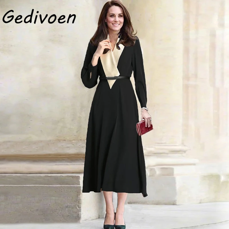 

Gedivoen Spring Autumn Runway Designer Fashion Office Lady Dress Women's Elegance Hit Color Spliced High Quality Sashes Dresses