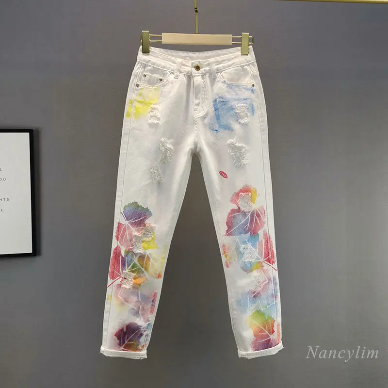 Printed White Hole Jeans for Women 2021 Spring Summer New High Waist Slimming Cropped Skinny Ripped Denim Trousers Pants
Printed White Hole Jeans for Women 2021 Spring Summer New High Waist Slimming Cropped Skinny Ripped Denim Trousers Pants