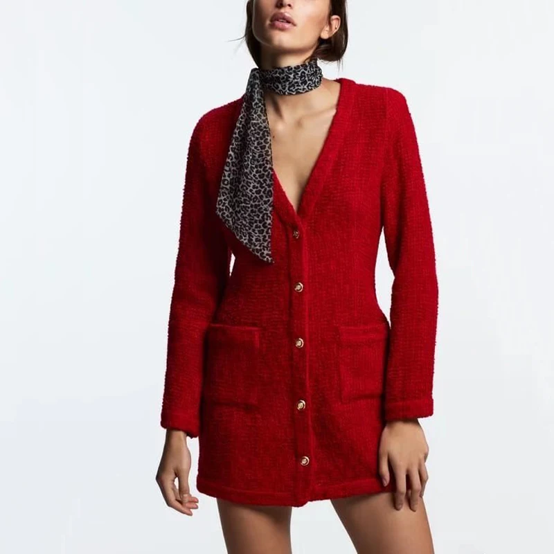Spring and Autumn Women's Casual Solid Color V-neck Long Sleeve Pocket Knit Dress
Spring and Autumn Women's Casual Solid Color V-neck Long Sleeve Pocket Knit Dress
