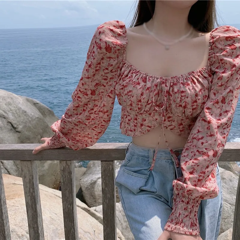 Women Floral Print Square Collar Blouse Sexy Exposed Navel Long Sleeves Chiffon Shirt Tops
Women Floral Print Square Collar Blouse Sexy Exposed Navel Long Sleeves Chiffon Shirt Tops