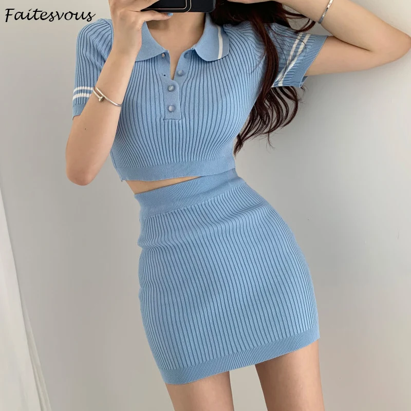 Korean Ice Silk Knitted Two Piece Suits Women Polo Collar Striped Lapel Cropped Top+High Waist Skirts
Korean Ice Silk Knitted Two Piece Suits Women Polo Collar Striped Lapel Cropped Top+High Waist Skirts