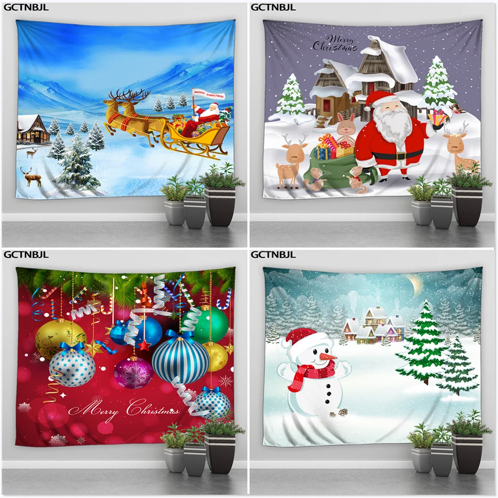 

Christmas Wall Hanging Tapestry Happie Santa Claus Snowman Elk Christmas Balls Xmas Tapestries Background Cloth Decor Blanket