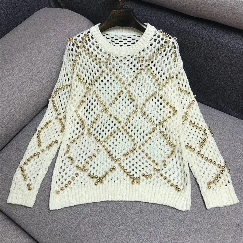 Роскошные дизайнерские брендовые вязаные пуловеры для женщин с круглым вырезом и бисером, свободный вязаный свитер
Роскошные дизайнерские брендовые вязаные пуловеры для женщин с круглым вырезом и бисером, свободный вязаный свитер