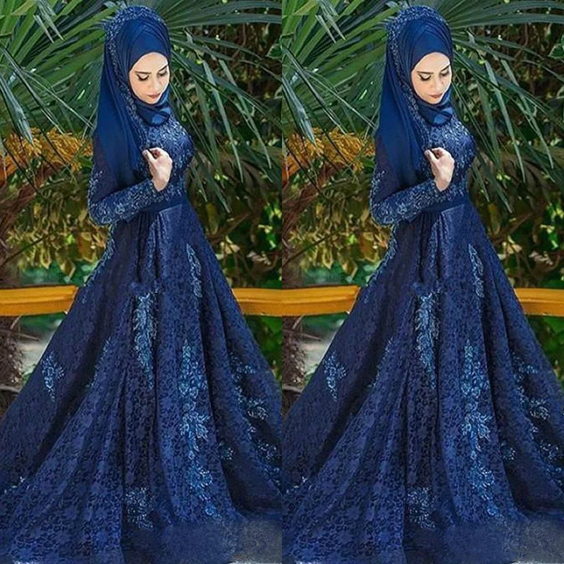 Navy Blue Muslim Prom Dresses Long Sleeves Lace Applique Sweep Train Formal Evening Gowns Plus Size robes de soirée
Navy Blue Muslim Prom Dresses Long Sleeves Lace Applique Sweep Train Formal Evening Gowns Plus Size robes de soirée
