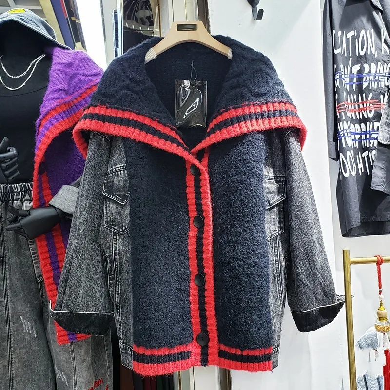 Sailor Collar Denim Jacket Spliced Sweater Cardigan Women Spring Autumn Mixed Color Outerwear Single-Breasted Female Streetwear
Sailor Collar Denim Jacket Spliced Sweater Cardigan Women Spring Autumn Mixed Color Outerwear Single-Breasted Female Streetwear
