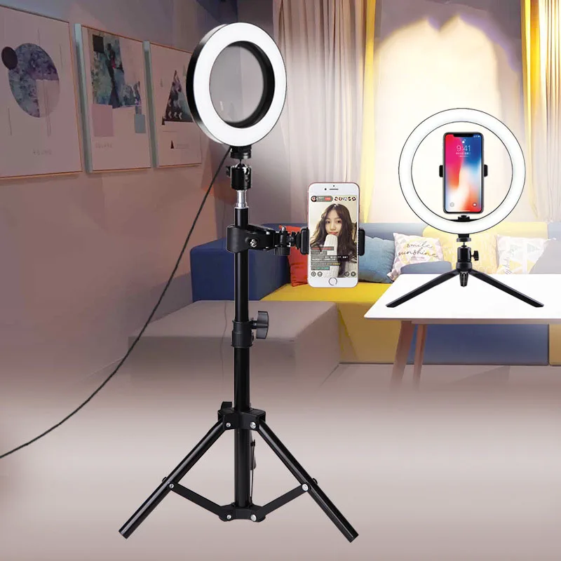 

Кольцевой светильник для селфи 10 см/26 см, LED лампа с регулируемой яркостью для Youtube, прямых трансляций, фотостудий, штатив для iPhone, Xiaomi, Canon, Nikon