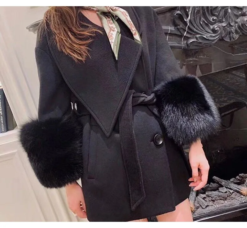 100% real fox fur sleeve women's cashmere coat with belt fashion casual warm solid color loose women long jacket
100% real fox fur sleeve women's cashmere coat with belt fashion casual warm solid color loose women long jacket