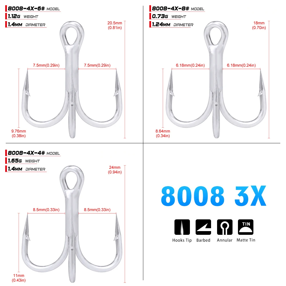 PROBEROS 10pcs Fishing Hook Metal High Strength 4X Steel Matte Tin Treble Hook For Fishing Pike Salmon Bass Shad Herring Muskie 
PROBEROS 10pcs Fishing Hook Metal High Strength 4X Steel Matte Tin Treble Hook For Fishing Pike Salmon Bass Shad Herring Muskie