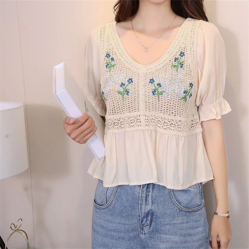 2021 Casual Short Blouse Women Summer Flower Embroidery Short Sleeve Shirts Lace Crochet Women's Clothing Chiffon Tops
2021 Casual Short Blouse Women Summer Flower Embroidery Short Sleeve Shirts Lace Crochet Women's Clothing Chiffon Tops