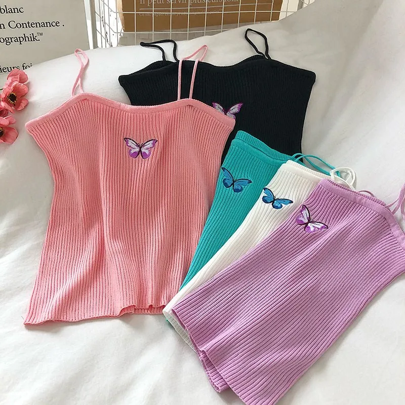 

Pearl Diary Women Summer Cropped Camis Top Butterfly Embroidery Spaghettie Strap Rib Solid Crop Top Casual Sweet Going Out Tops