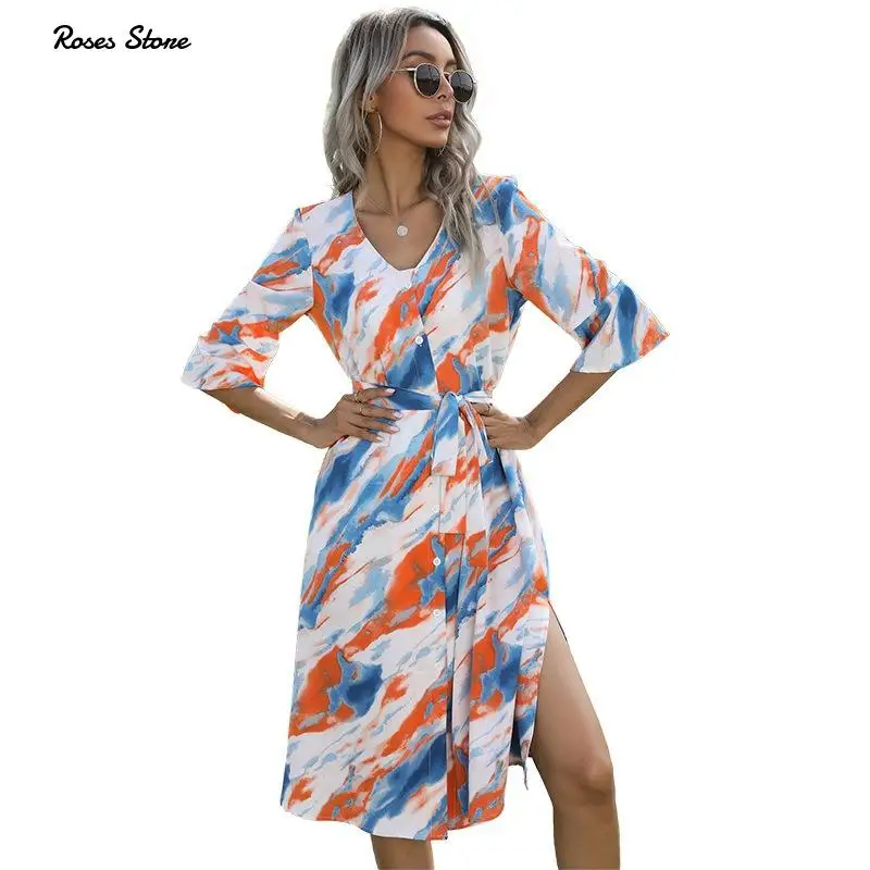 2021 New Spring Summer Midi Shirt Dress With Belt French Sytle Tie Dye V Neck Half Sleeve Elegant Clothing For Ladies Office
2021 New Spring Summer Midi Shirt Dress With Belt French Sytle Tie Dye V Neck Half Sleeve Elegant Clothing For Ladies Office
