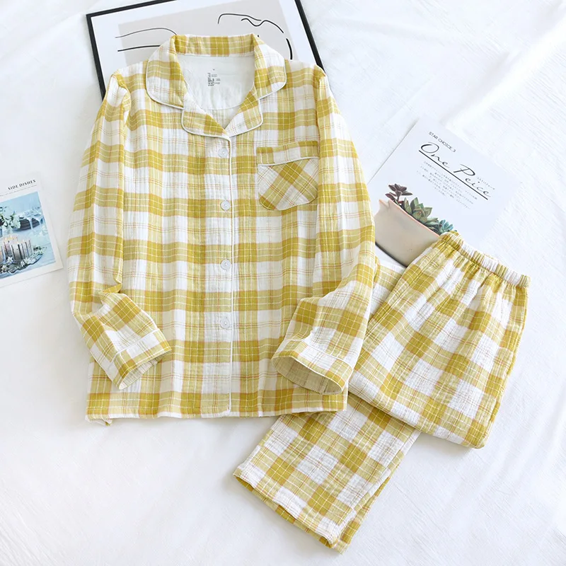 Spring And Summer Couple Simple Plaid Cotton Crepe Pajamas set Men's Long-sleeved Trousers Ladies Two-piece Home Service Set
Spring And Summer Couple Simple Plaid Cotton Crepe Pajamas set Men's Long-sleeved Trousers Ladies Two-piece Home Service Set