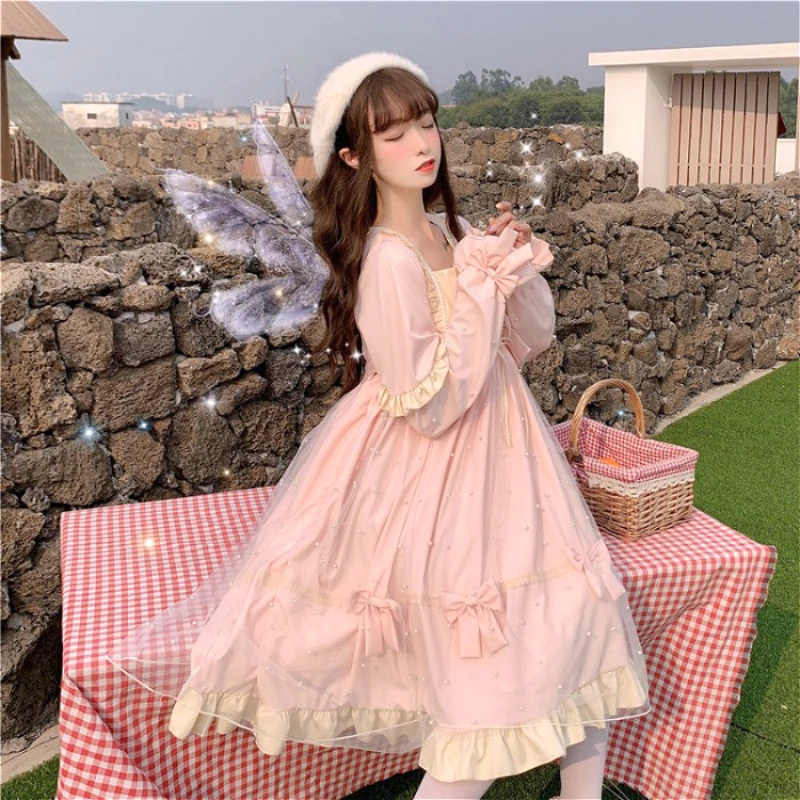 Sweet Pink Blue Lolita Dress Mesh Cute Bow Pearl Ruffles Princess Fairy Squared Collar Puff Sleeves Harajuku Girls Women Dress
Sweet Pink Blue Lolita Dress Mesh Cute Bow Pearl Ruffles Princess Fairy Squared Collar Puff Sleeves Harajuku Girls Women Dress