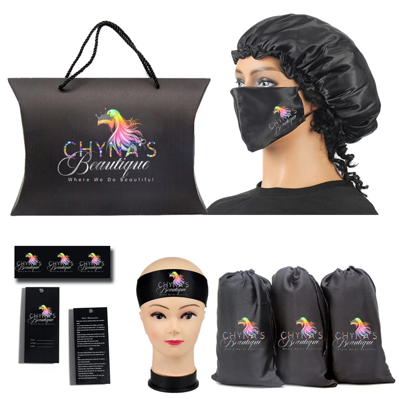 

Custom Logo Wigs packaging Satin Bags/Hang Tag Sticker labels Wraps/Long Bonnets/Headband/Cape/Bonnet/box
