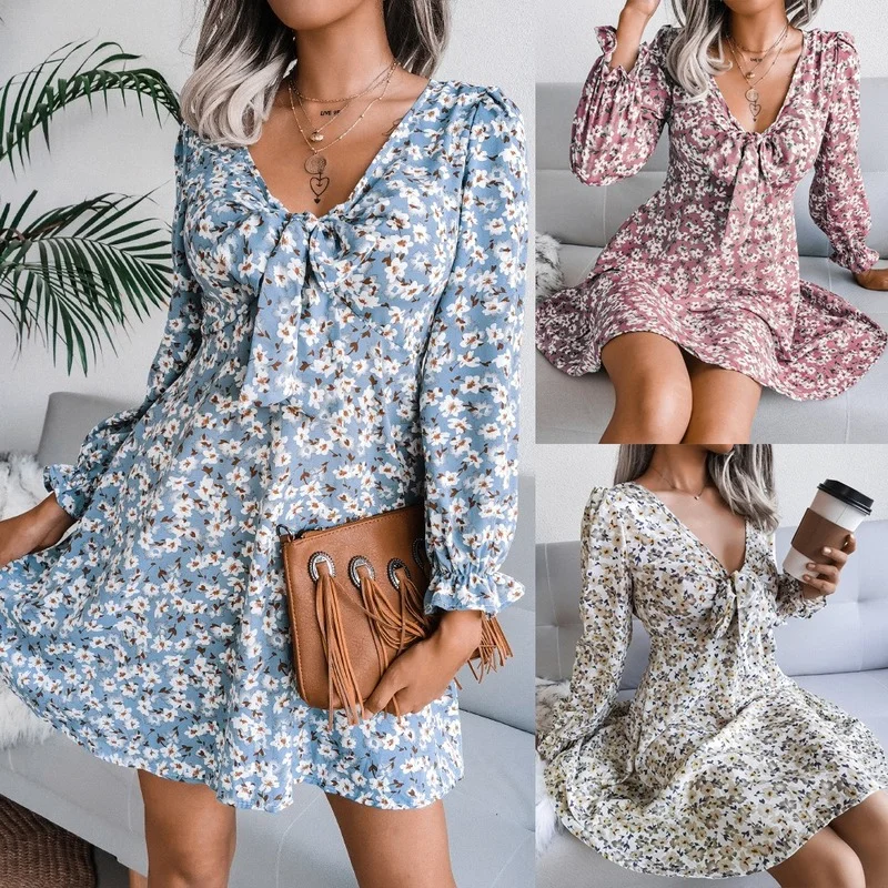 Chiffon Slim Dress Women's Fashion Casual Temperament Commuter V-neck Waist Flare Sleeve Bow-knot Hedging Floral A-line Skirt
Chiffon Slim Dress Women's Fashion Casual Temperament Commuter V-neck Waist Flare Sleeve Bow-knot Hedging Floral A-line Skirt