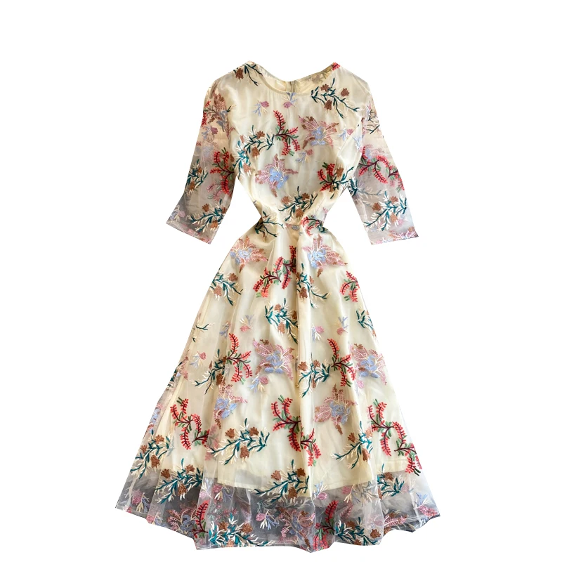 Embroidered Flower Round Neck Short Sleeve Mesh Lace Dress for Woman Goddess Temperament Girls Ladies Large Swing Dresses 
Embroidered Flower Round Neck Short Sleeve Mesh Lace Dress for Woman Goddess Temperament Girls Ladies Large Swing Dresses