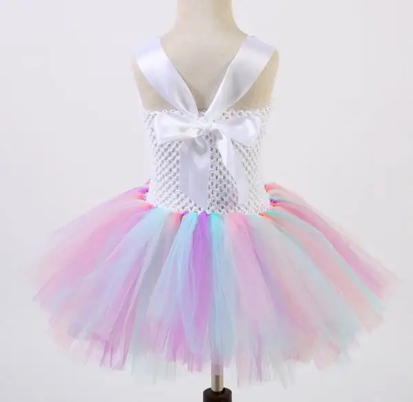 

Unicorn Cosplay Baby Girl Dress Flower Rainbow Tulle Princess Dresses Halloween Carnival Costume Wear free Hair hoop 1-8Y T150