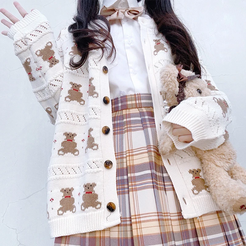 Japanese Harajuku Cute Bear Knitted Cardigan Sweater Women Autumn Loose Kawaii Jacket 2021 New Ladies Oversize Sweaters Mujer 
Japanese Harajuku Cute Bear Knitted Cardigan Sweater Women Autumn Loose Kawaii Jacket 2021 New Ladies Oversize Sweaters Mujer