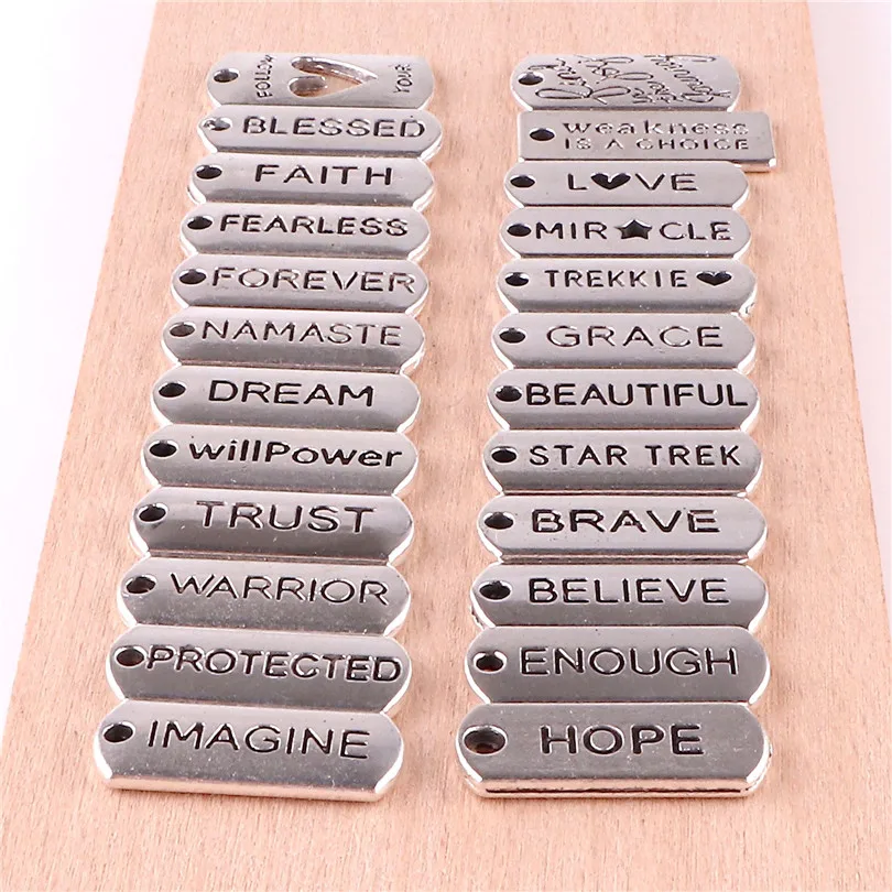 24pcs/lot Word Tags Pendant Charms Antique Silver Color Blessed Faith Believe Trust Family Namaste Fearless Dream Hope Charms
24pcs/lot Word Tags Pendant Charms Antique Silver Color Blessed Faith Believe Trust Family Namaste Fearless Dream Hope Charms