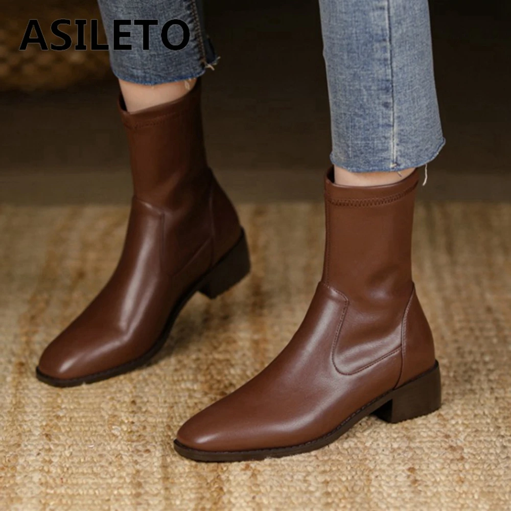 

ASILETO 2021 Новый дизайнерский бренд ботильоны для женщин тянущиеся носки Bootie тянущиеся круглый носок квадратный низкий каблук черный коричнев...