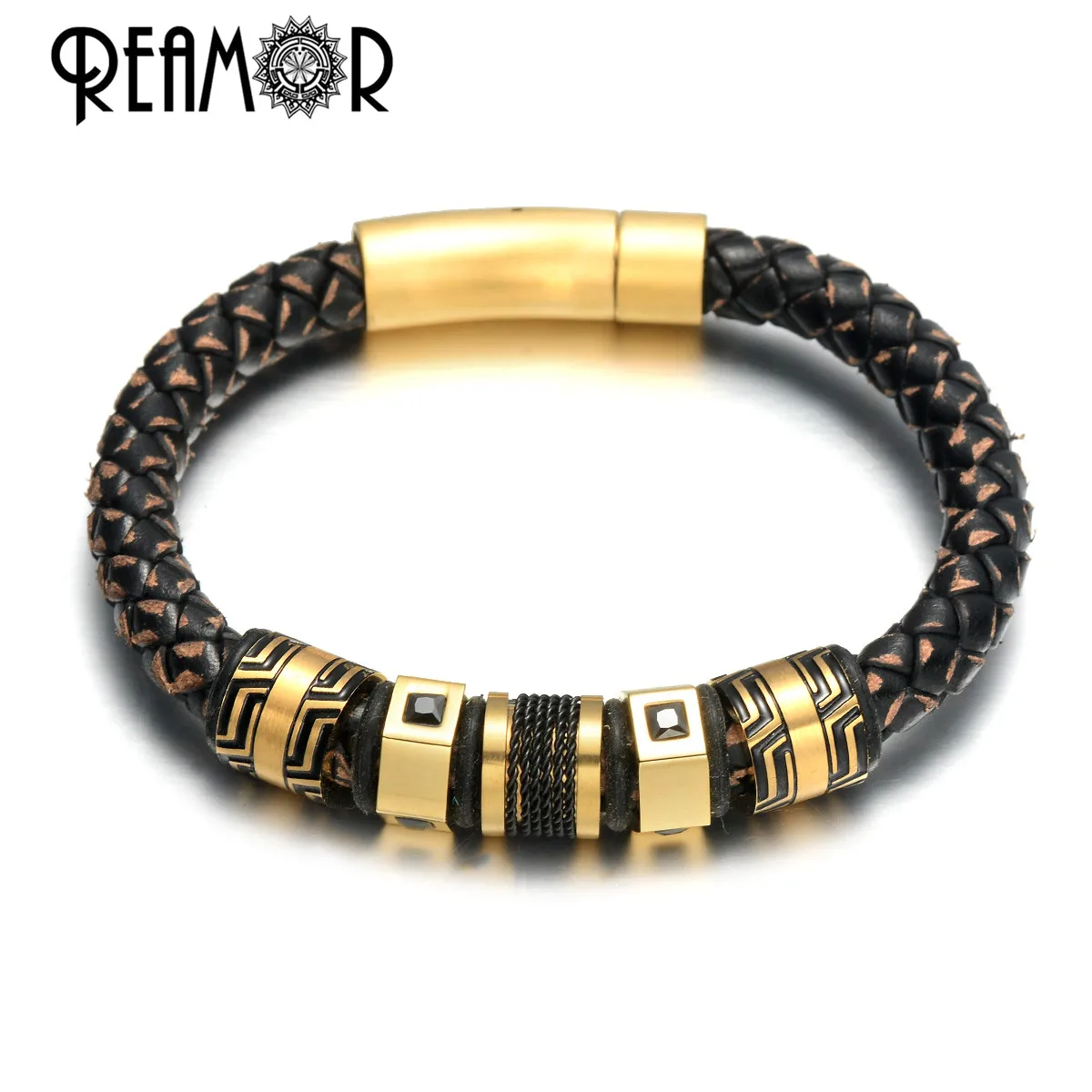 REAMOR Luxury Stainless Steel Zircon Gold Color Beads Charm Bracelets For Men Handmade Genuine Leather Braided Bangle Jewelry
REAMOR Luxury Stainless Steel Zircon Gold Color Beads Charm Bracelets For Men Handmade Genuine Leather Braided Bangle Jewelry