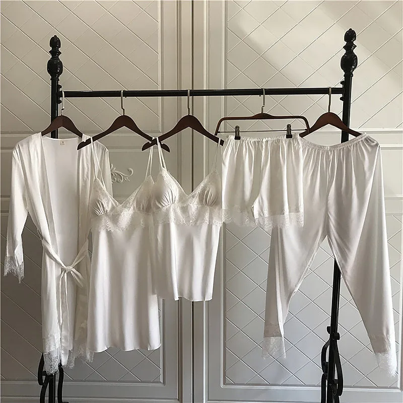 FZSLCYIYI Spring New 5 Pcs Set Women Pyjama Satin High Quality Lace Trim Sexy Sleepwear With Chest Pad Pajamas Homewear
FZSLCYIYI Spring New 5 Pcs Set Women Pyjama Satin High Quality Lace Trim Sexy Sleepwear With Chest Pad Pajamas Homewear
