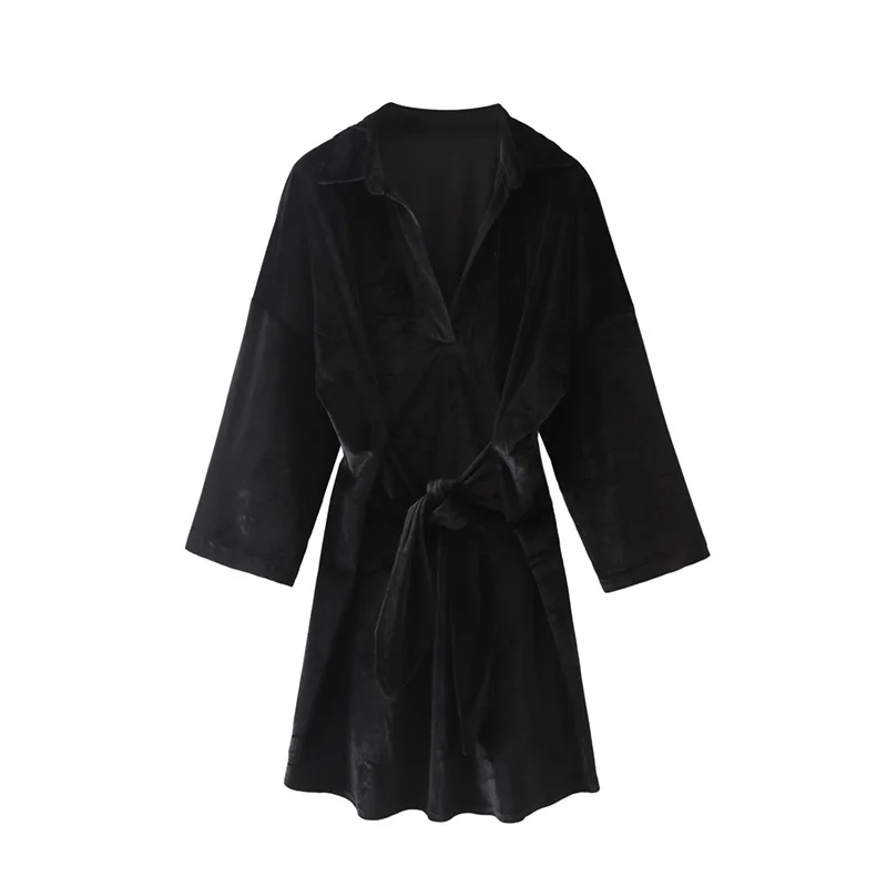 

Элегантное женское черное бархатное платье ZXQJ, осень 2021, модное винтажное женское платье с длинным рукавом, отложным воротником и поясом, же...
