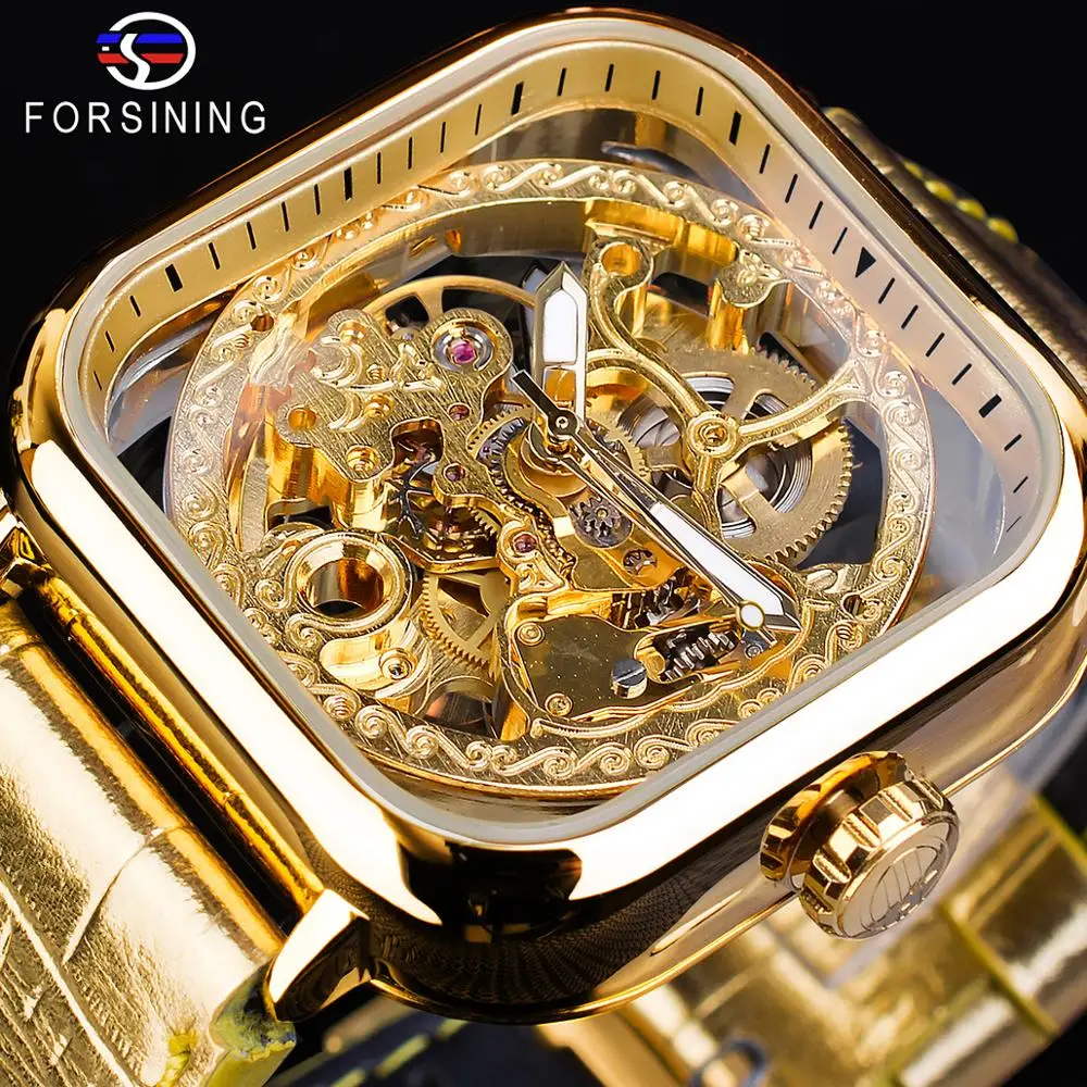 

Forsining Fashion Luminous Hands Gold Leather Transparent Skeleton Mens Mechanical Automatic Watches Top Brand Luxury Male Clock