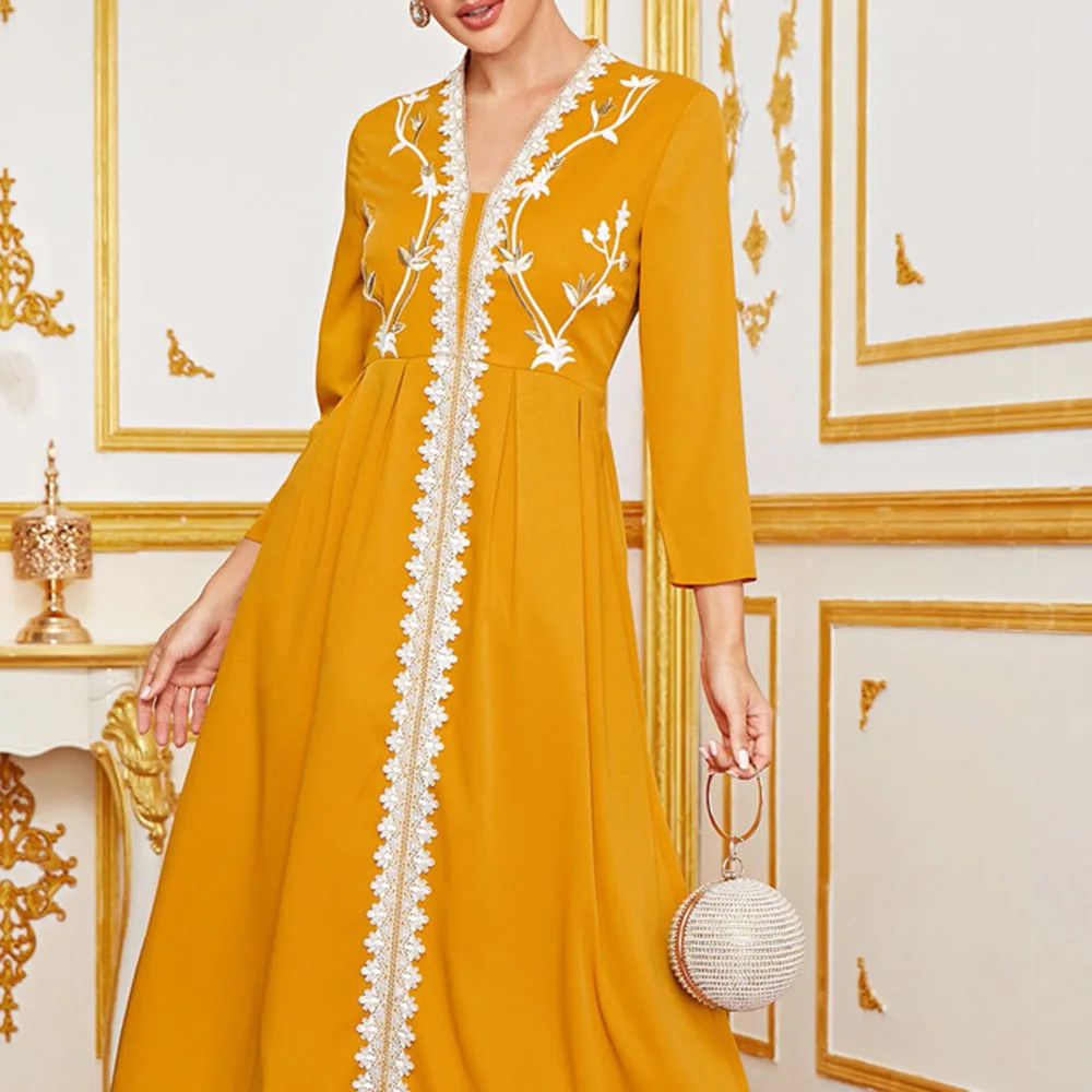 Summer 2021 Muslim New Fashion Embroidery V-neck Solid Color High Waist Long Sleeve Women's Dress Temperament Elegant
Summer 2021 Muslim New Fashion Embroidery V-neck Solid Color High Waist Long Sleeve Women's Dress Temperament Elegant