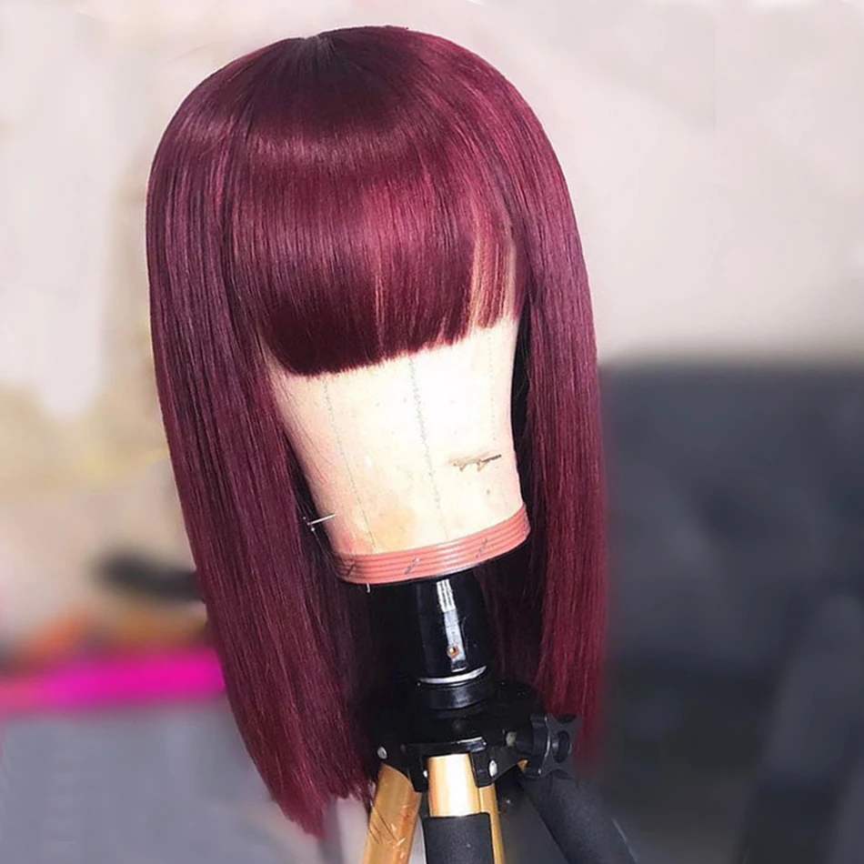 

Short Straight Bob Wig With Bangs Fringe Bob 99J Human Hair Wig For Women Brazilian Remy Hair Glueless Full Machine Made 99J Wig