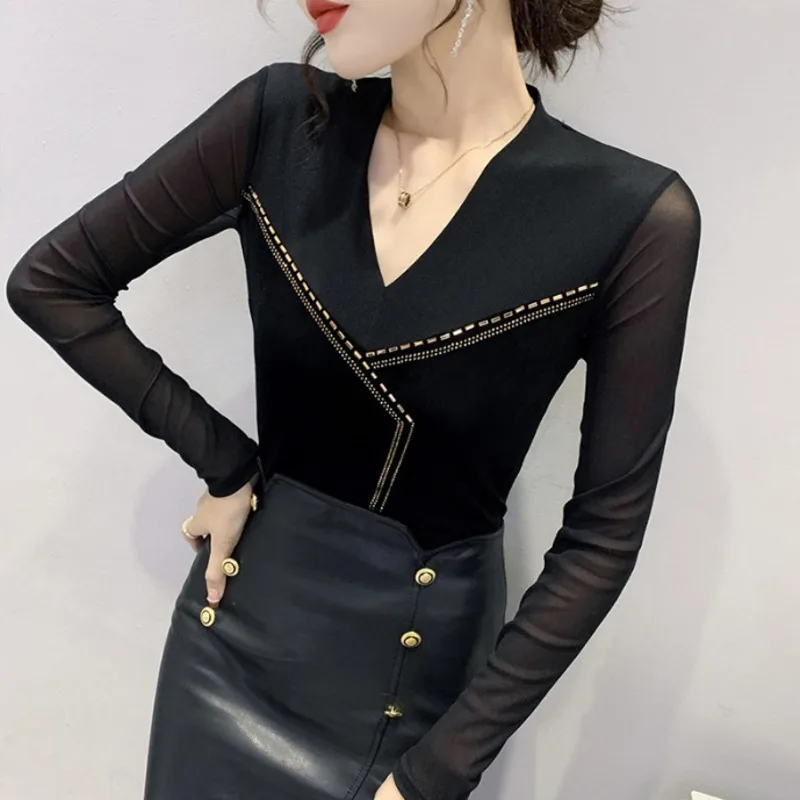 #9064 Spring Autumn Velvet Spliced Mesh V Neck Long Sleeve T Shirt Women With Diamonds Basic T-Shirt Female Slim Women Tshirt
#9064 Spring Autumn Velvet Spliced Mesh V Neck Long Sleeve T Shirt Women With Diamonds Basic T-Shirt Female Slim Women Tshirt