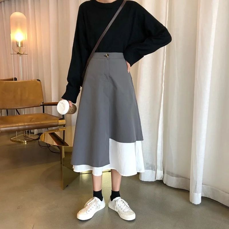 Женская винтажная длинная юбка Лоскутная Асимметричная Повседневная с высокой
