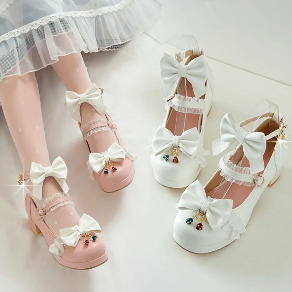 

Женские туфли OLOMLB в стиле "Лолита" с круглым носком и бантом, розовые туфли с металлической цепочкой для косплея, босоножки на блочном каблуке, Модель 34-43, Mary Janes 2022