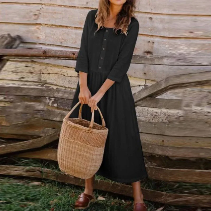 Women 2021 Summer Casual Cotton Linen Loose Dress Fashion Vintage Button O Neck Long Dress Elegant 3/4 Sleeve Lady Party Dresses
Women 2021 Summer Casual Cotton Linen Loose Dress Fashion Vintage Button O Neck Long Dress Elegant 3/4 Sleeve Lady Party Dresses
