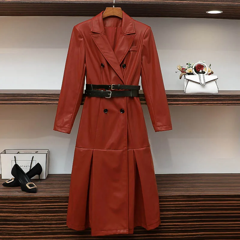 

The golden age Ni Zhu Suo lock the same new year red mid long fashion slim fit PU leather dress coat girl