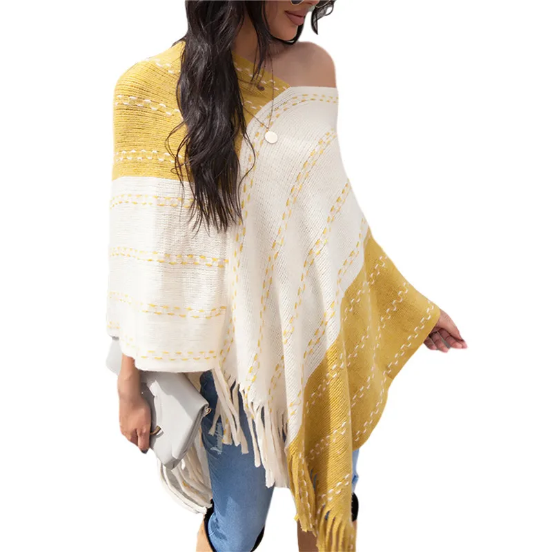 Woman's Fashionable Loose Shawl Cloak Pullover Sweater, Yellow Tassel Stripe Contrast Color Bat Sleeve Knitwear, Daily Life
Woman's Fashionable Loose Shawl Cloak Pullover Sweater, Yellow Tassel Stripe Contrast Color Bat Sleeve Knitwear, Daily Life