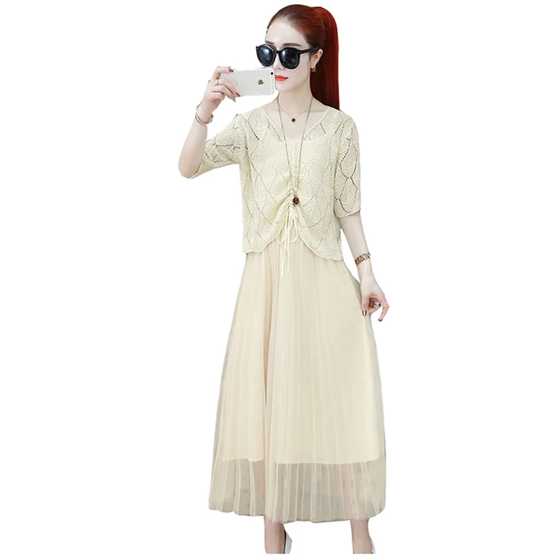 Summer style new plus size women's suit dress fashion sexy age-reducing wild two-piece set was thin sweater mesh dresses
Summer style new plus size women's suit dress fashion sexy age-reducing wild two-piece set was thin sweater mesh dresses
