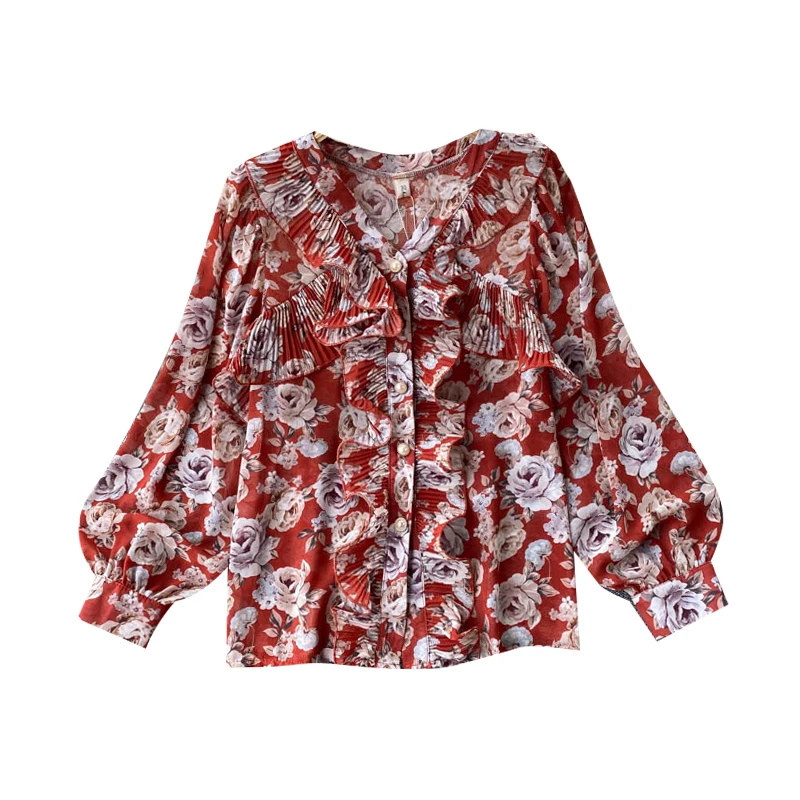 Spring Chiffon Shirt Women's Design Sense Niche Pleated Ruffled Slim Fit All-Match and Sweet Floral Puff Sleeve Top