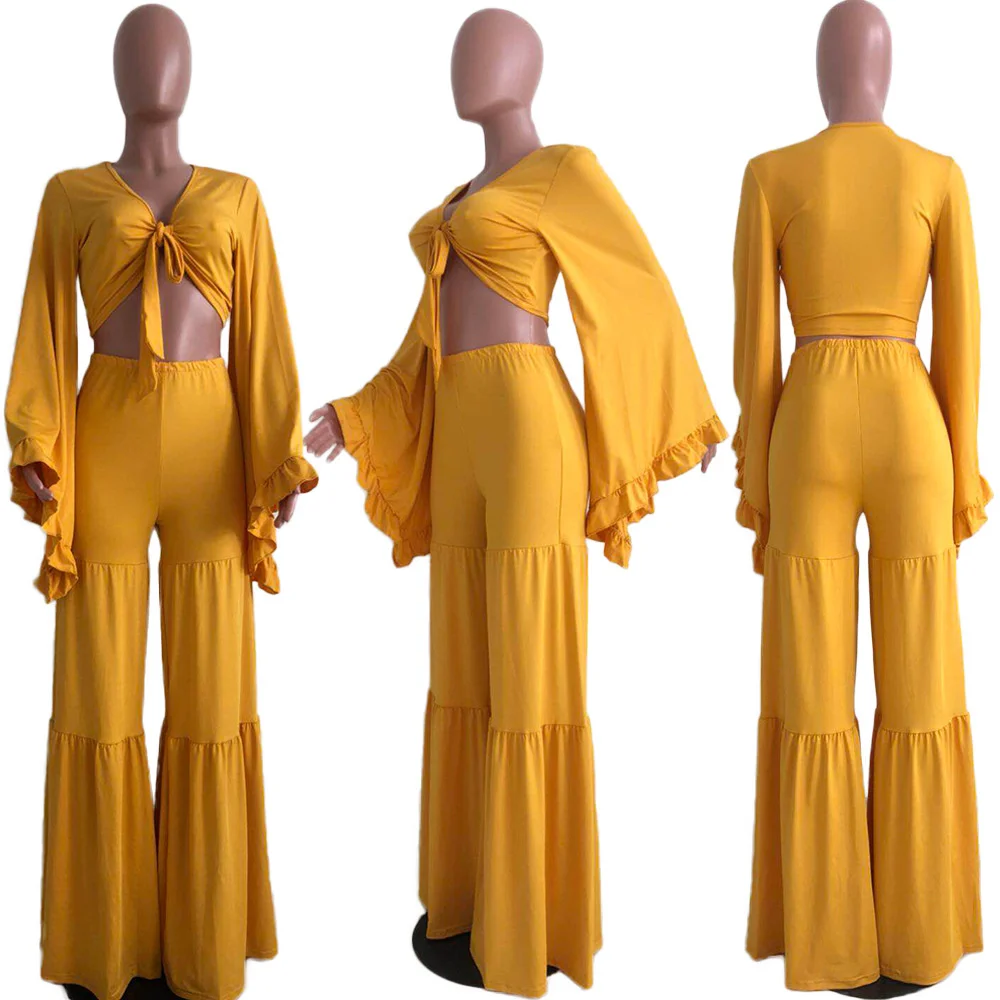 GL Winter Women's set Full Sleeve Flare Sleeve Crop Top Wide Leg pants suit Beach two piece set Casual tracksuit outfit YX9151
GL Winter Women's set Full Sleeve Flare Sleeve Crop Top Wide Leg pants suit Beach two piece set Casual tracksuit outfit YX9151
