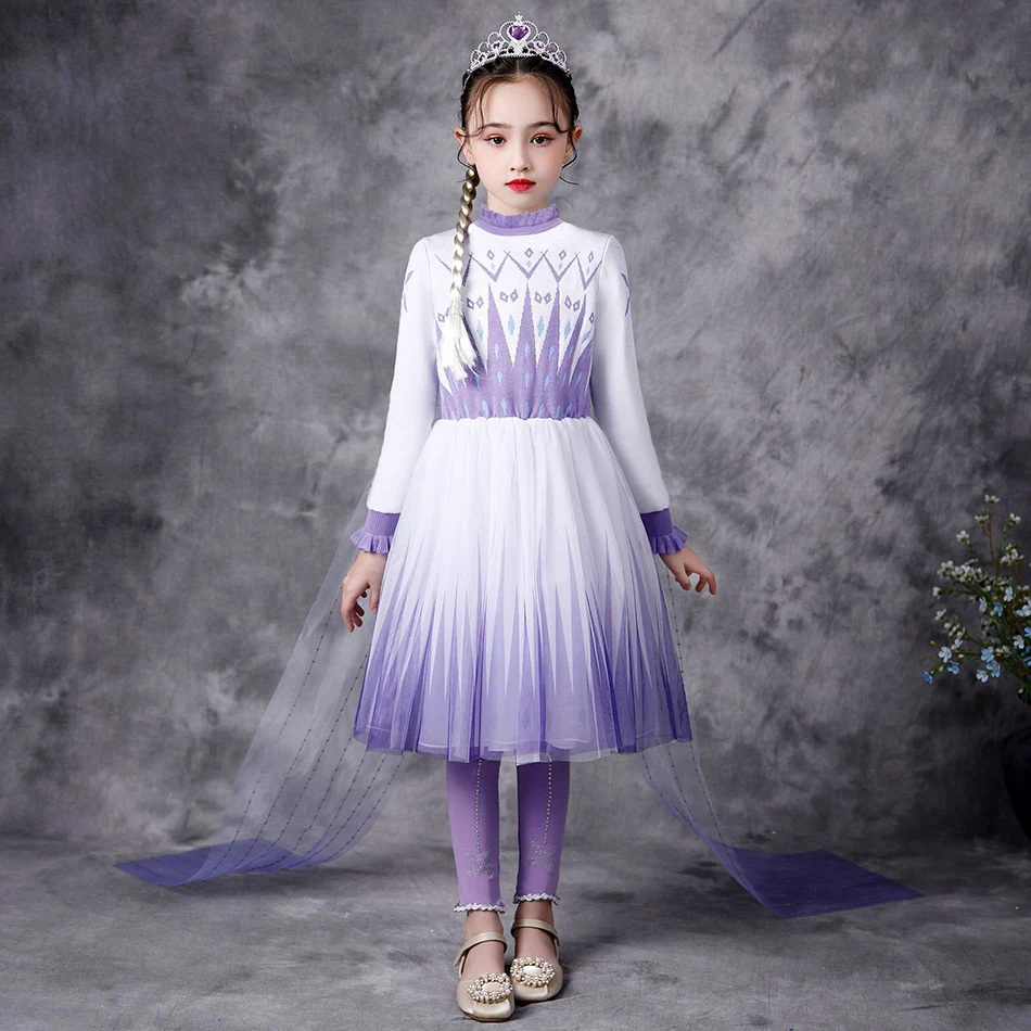 

VOGUEON New Autumn Winter Snow Queen Princess Girls Dress Knitting Print Elsa Cosplay Costume Kids Fancy Elza Dress+Pants Outfit