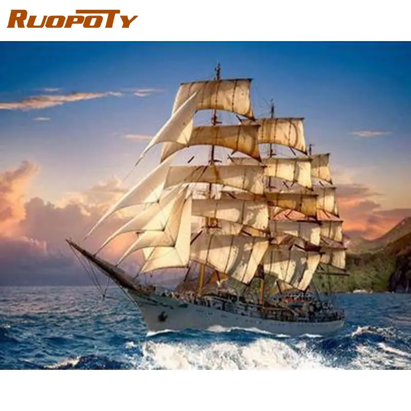 Алмазная 5D картина RUOPOTY полностью квадратная вышивка морем и парусником стразы