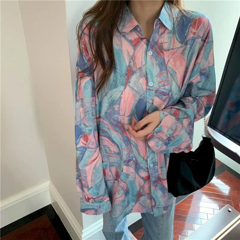 Long-sleeved blouse female design niche Korean loose wild shirt autumn fat sister 100kg plus size women clothing trend colorful | Женская