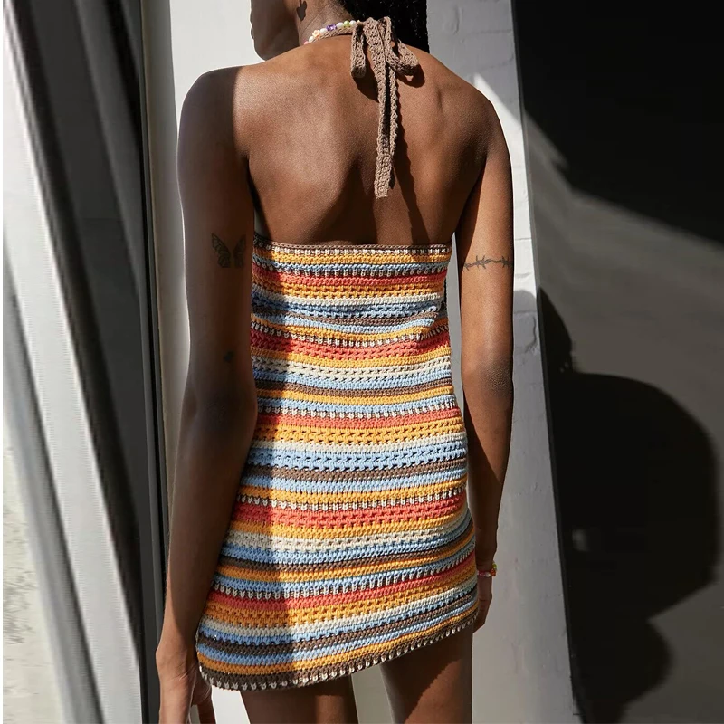 Puloru Women's Halter Bandage Mini Dress Summer Sexy Backless Color Block Crochet Knitted Short Dress Party Vacation Beach Dress
Puloru Women's Halter Bandage Mini Dress Summer Sexy Backless Color Block Crochet Knitted Short Dress Party Vacation Beach Dress