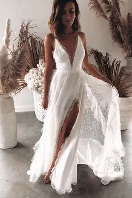 Fashion Women's White Long Dress Ladies Summer Sling V-neck Sexy Chiffon Lace High Split Irregular Party Dress Vestido De Mujer