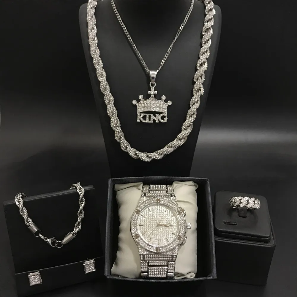 Luxury Men Silver Color Watch & Necakcle & Braclete & Ring & Earrings Combo Watch Set Ice Out Cuban Jewerly Hip Hop For Men
Luxury Men Silver Color Watch & Necakcle & Braclete & Ring & Earrings Combo Watch Set Ice Out Cuban Jewerly Hip Hop For Men
