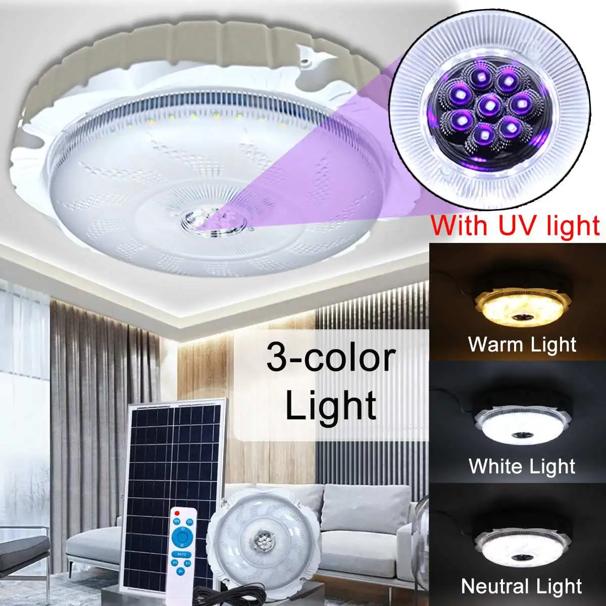 150W Solar Power Ceiling Light With Solar Panel Remote Control Timer Bedroom Ceiling Lamp with UV Light for Home Indoor
150W Solar Power Ceiling Light With Solar Panel Remote Control Timer Bedroom Ceiling Lamp with UV Light for Home Indoor