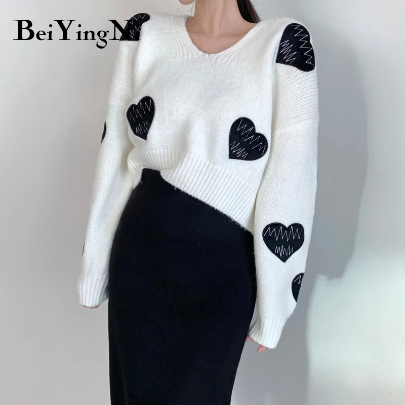 Beiyingni Women Short Sweater Heart Embroidery White Gray Loose Long Sleeve Knitted Pullover Ladies V-neck Lazy Thicken Jumper
Beiyingni Women Short Sweater Heart Embroidery White Gray Loose Long Sleeve Knitted Pullover Ladies V-neck Lazy Thicken Jumper