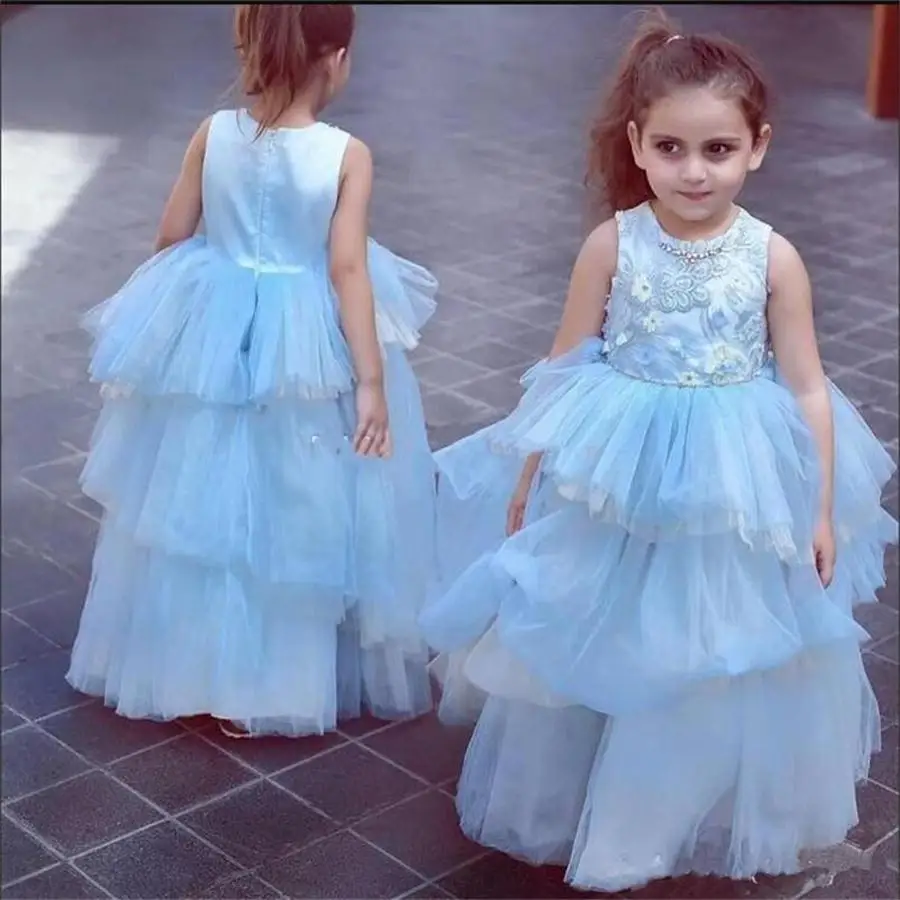 

Sky Blue Flower Girls Dresses For Wedding Jewel Appliques Lace Beads Tiered Girls Pageant Dress Cheap First Communion Vestidos